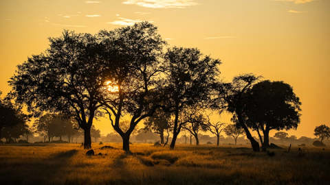 Tree silhouette with yellow orange sky 