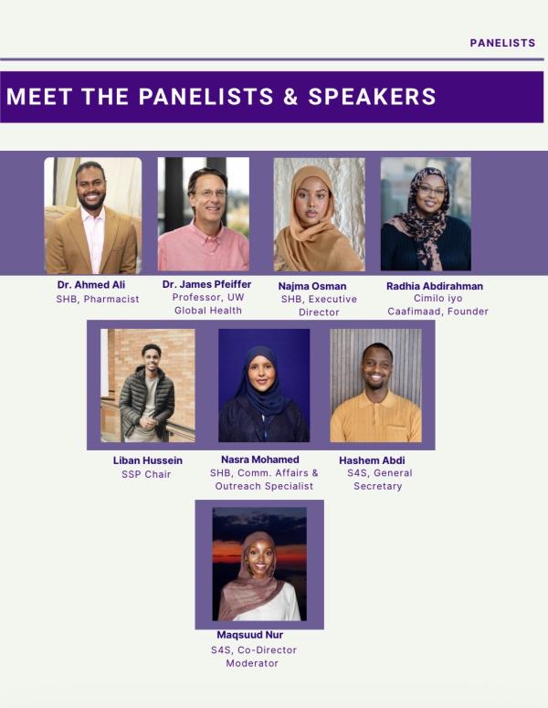 Flyer showing the panelists and speakers at the Somalis for Sustainability Conference at UW
