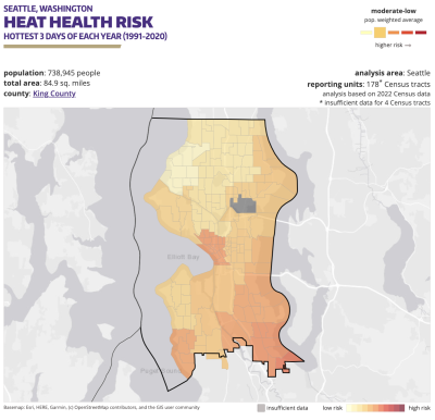 Map of seattle with orange and yellow coloration and a description of heat health risk in the area